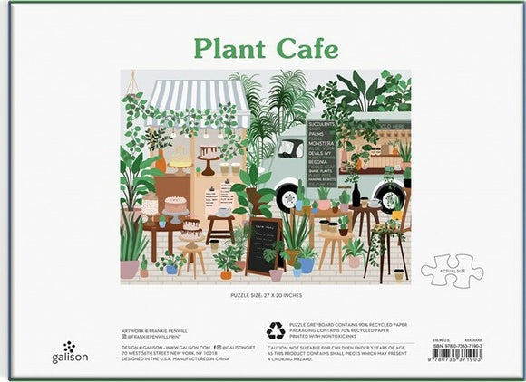 The Plant Cafe jigsaw puzzle by Galison features a vibrant illustration of a cozy cafe filled with a variety of plants, cakes, and decorative elements. The scene showcases a green truck serving plant items, tables adorned with potted succulents, and a charming outdoor setup, perfect for nature lovers.