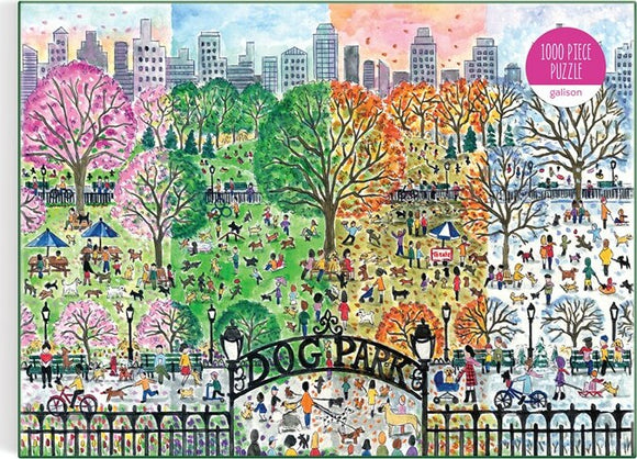 A colorful jigsaw puzzle titled 'Dog Park in Four Seasons' by Galison. The scene is divided into four sections, each representing a different season. The vibrant artwork showcases dogs and people enjoying the park during spring, summer, fall, and winter, with detailed trees and city skyline in the background.