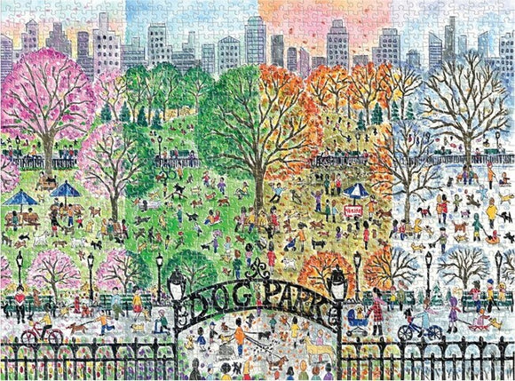 A colorful jigsaw puzzle depicting a vibrant dog park across four seasons. The left side shows a blooming spring scene with pink and green trees, while the center illustrates a lively summer filled with dogs and people. The autumn section features warm oranges and yellows, and the winter part is covered in soft snow. The scene is bustling with activity, showcasing various people enjoying the park with their pets. The entrance gate labeled 'Dog Park' adds to the charm of this delightful image.