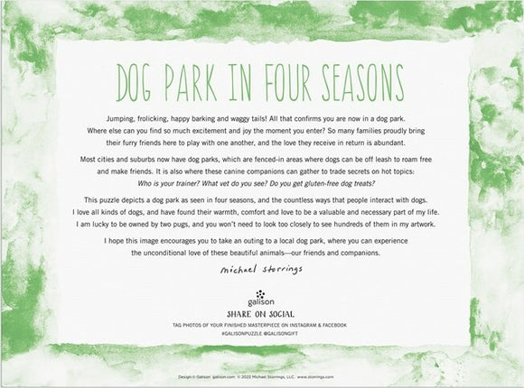 Jigsaw puzzle titled 'Dog Park in Four Seasons' by Galison, depicting various scenes of dogs playing in a park throughout different seasons. The image showcases vibrant illustrations reflecting the joy and companionship of dogs and their owners in a park setting, complete with interactive elements about dog training and activities.