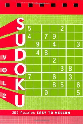 Cover of 'Sudoku Volume 2: Easy' by Chronicle Books featuring a vibrant green background with a classic Sudoku grid. The title is prominently displayed in bold white and red letters. The book promises 200 puzzles ranging from easy to medium difficulty, appealing to both novice and seasoned Sudoku enthusiasts.