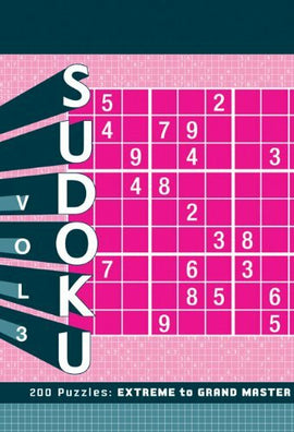 Cover of the Sudoku 3 Puzzle Pad: Extreme by Chronicle Books, featuring a grid with numbers and a bold pink and teal design. The title highlights 200 puzzles ranging from extreme difficulty to grand master level, aimed at avid Sudoku enthusiasts.