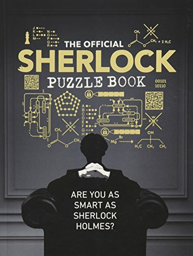 The Official Sherlock Puzzle Book by Chronicle Books featuring a mysterious design. The cover shows intricate illustrations, including codes, a chess piece, and scientific notations, inviting readers to test their wits and solve puzzles just like Sherlock Holmes.