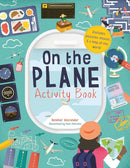 Cover of the 'On the Plane Activity Book' featuring colorful illustrations including a world map, airplane, puzzles, mazes, and travel-themed items. The title is prominently displayed in bold letters within an airplane window graphic.