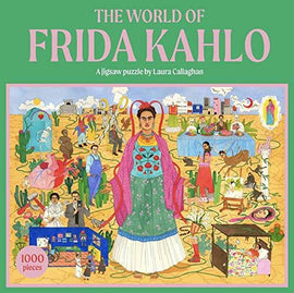 The World of Frida Kahlo jigsaw puzzle featuring a vibrant illustration with Frida Kahlo at the center surrounded by elements from her life and art. The puzzle contains 1000 pieces and showcases a colorful tapestry of significant moments and characters related to Kahlo's legacy.