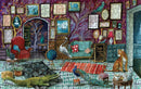 A jigsaw puzzle titled 'Murder Most Puzzling: The Missing Will' from Chronicle Books. It features a vibrant, whimsical interior scene with various animals, colorful furniture, and artwork adorning the walls. Notable elements include a red armchair, a green couch, a peacock, and a tiger, all set against a richly decorated background.