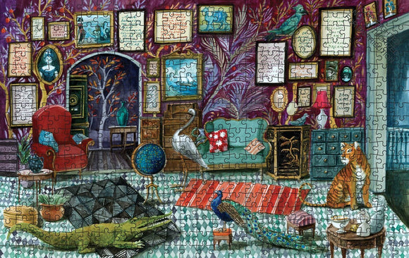 A jigsaw puzzle titled 'Murder Most Puzzling: The Missing Will' from Chronicle Books. It features a vibrant, whimsical interior scene with various animals, colorful furniture, and artwork adorning the walls. Notable elements include a red armchair, a green couch, a peacock, and a tiger, all set against a richly decorated background.