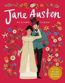 Jane Austen Playing Cards featuring colorful illustrations of a couple in Regency-era attire against a floral background. The design highlights the charm of Austen's novels and includes five card games inspired by her stories.