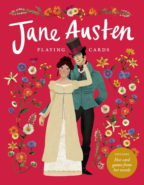 Jane Austen Playing Cards featuring colorful illustrations of a couple in Regency-era attire against a floral background. The design highlights the charm of Austen's novels and includes five card games inspired by her stories.