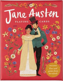 A beautifully illustrated box of Jane Austen Playing Cards, featuring a couple in Regency-era attire on the front. The vibrant red background is adorned with flowers, and the box highlights that it includes five card games inspired by Austen's novels.
