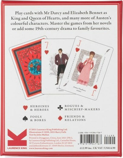 A vibrant deck of Jane Austen Playing Cards featuring characters like Mr. Darcy and Elizabeth Bennet. The box is adorned with colorful illustrations and card designs, showcasing various suits and thematic characters. Ideal for fans of Austen's novels and classic card games, this deck includes instructions for gameplay inspired by the 19th-century drama.