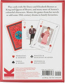 A vibrant deck of Jane Austen Playing Cards featuring characters like Mr. Darcy and Elizabeth Bennet. The box is adorned with colorful illustrations and card designs, showcasing various suits and thematic characters. Ideal for fans of Austen's novels and classic card games, this deck includes instructions for gameplay inspired by the 19th-century drama.