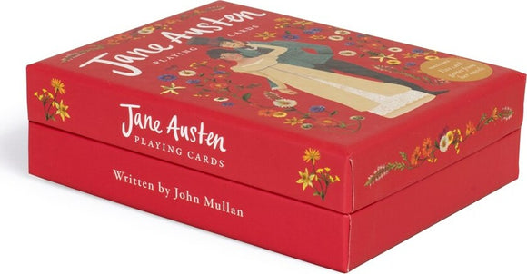 A beautifully designed deck of Jane Austen playing cards. The box features an illustration of a couple in Regency-era attire adorned with flowers and vibrant colors. The title 'Jane Austen Playing Cards' is prominently displayed on the top, with additional text indicating it's written by John Mullan.
