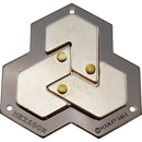 The Hanayama Cast Hexagon is a mechanical puzzle featuring a sleek hexagonal design with interlocking shapes and three protruding brass balls. Its polished metal finish and intricate layout create an engaging challenge for puzzle enthusiasts, making it an elegant addition to any collection.