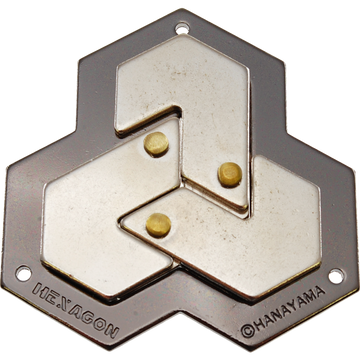 The Hanayama Cast Hexagon is a mechanical puzzle featuring a sleek hexagonal design with interlocking shapes and three protruding brass balls. Its polished metal finish and intricate layout create an engaging challenge for puzzle enthusiasts, making it an elegant addition to any collection.
