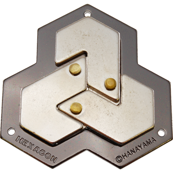 The Hanayama Cast Hexagon is a mechanical puzzle featuring a sleek hexagonal design with interlocking shapes and three protruding brass balls. Its polished metal finish and intricate layout create an engaging challenge for puzzle enthusiasts, making it an elegant addition to any collection.