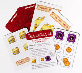 The Dragonrealm: Hidden Treasure Expansion game consists of various cards and tokens spread out. It includes four Hidden Treasure cards and ten Hidden Treasure tokens, along with instructions for setup and play. The design features colorful treasure graphics, making it visually appealing for game enthusiasts.