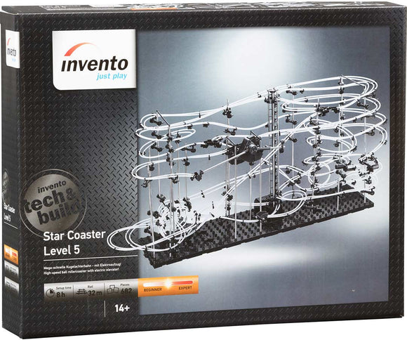 Box packaging of the Invento Star Coaster Level 5 featuring a complex roller coaster design with loops, an electric elevator, and various track pieces. Suitable for players aged 14 and up, the set consists of 682 pieces and requires approximately 8 hours to assemble. It emphasizes both beginner and expert skills in construction.