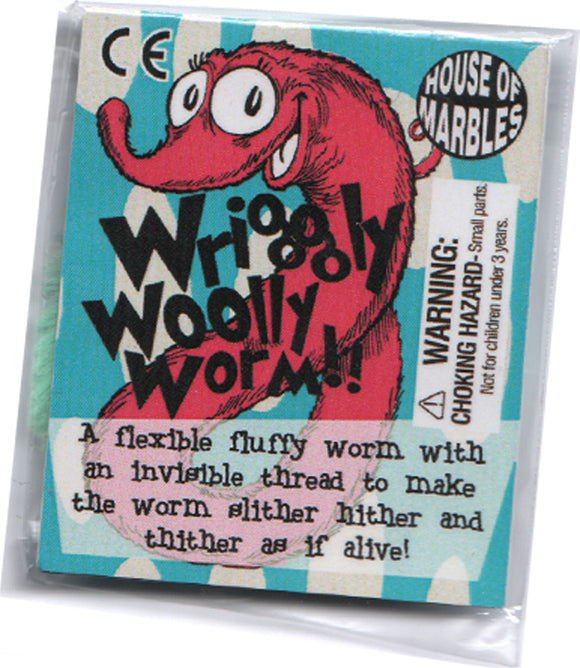 Wriggly Woolly Worms product package featuring a colorful illustration of a fluffy red worm with large eyes. The packaging includes the product title in bold letters, accompanied by a playful design, and a warning label indicating choking hazards. The description on the back highlights the worm's ability to slither and wiggle with an invisible thread, suggesting lively movement.