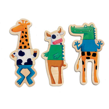 A colorful set of wooden animal magnets featuring a giraffe with heart patterns, a smiling cow, and a vibrant crocodile. Each animal has a playful design, ideal for children's rooms or educational activities.