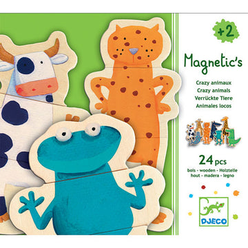 A colorful set of Crazy Wooden Magnets featuring adorable animal characters including a cow, leopard, and frog, made from high-quality wood. The product is designed for children aged 2 and above, encouraging imaginative play and learning. Each magnet displays vibrant artwork, perfect for creative activities or as educational toys.