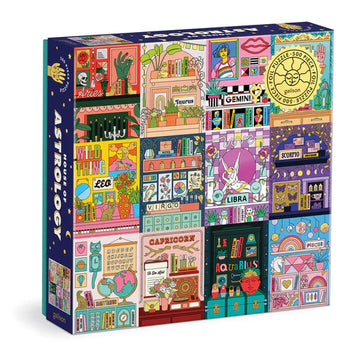 House of Astrology Foil Puzzle by Galison featuring a colorful jigsaw design with illustrations representing various zodiac signs, books, and celestial themes. The puzzle includes 500 pieces and showcases vibrant artwork that combines astrology and whimsy, perfect for puzzle lovers and astrology enthusiasts alike.