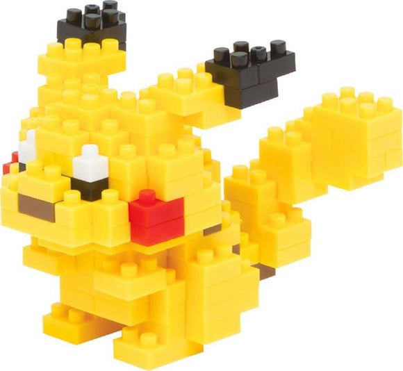 Nanoblock Pikachu DIY kit featuring a colorful, blocky construction of the iconic Pokémon character. The figure is primarily yellow with red cheeks, white eyes, and black accents, showcasing a playful pose with a wagging tail.