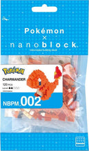 Nanoblock DIY kit featuring a micro-sized building block set to create Charmander from Pokémon. The package contains 120 pieces for assembly, showcasing the vibrant orange color and playful design of the iconic character.