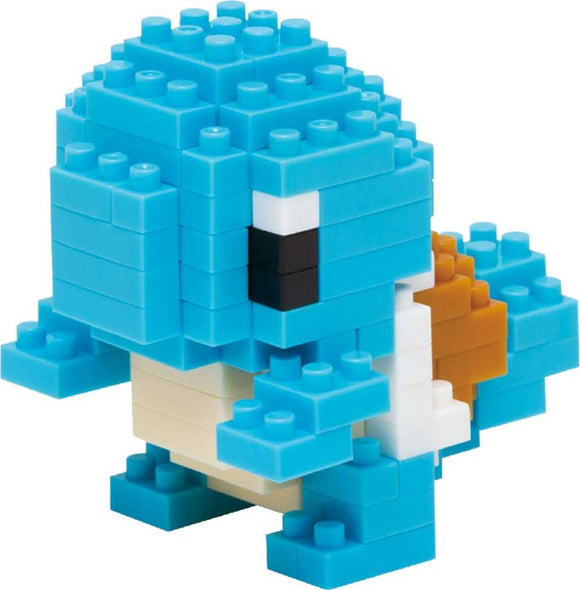 A colorful Nanoblock kit featuring Squirtle, a small blue turtle-like creature with a white belly and a brown shell detail. Crafted from small, interlocking blocks, this DIY kit encourages creativity and fine motor skills, showcasing Squirtle in a playful pose.