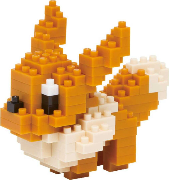 A detailed image of a Nanoblock Eevee DIY kit showcasing an adorable 3D block figure of the character Eevee. The model features distinctive tan and cream colors, with pointed ears and large eyes, capturing the essence of the popular Pokémon. Ideal for fans and builders alike, this colorful kit encourages creativity and fine motor skills.