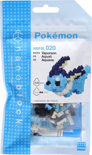 Nanoblock Vaporeon DIY kit featuring a colorful micro-sized building set with 140 pieces. The packaging showcases the completed model of Vaporeon, a water-type Pokémon, with various shades of blue and black blocks. Ideal for Pokémon fans and building enthusiasts.
