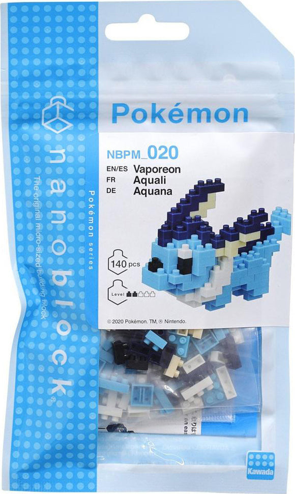 Nanoblock Vaporeon DIY kit featuring a colorful micro-sized building set with 140 pieces. The packaging showcases the completed model of Vaporeon, a water-type Pokémon, with various shades of blue and black blocks. Ideal for Pokémon fans and building enthusiasts.