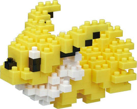 A detailed close-up of the Nanoblock Jolteon, a DIY construction kit featuring vibrant yellow, black, and white blocks. The assembled Jolteon figure stands on all fours, showcasing its spiky fur and expressive features, perfect for Pokémon fans and building enthusiasts.