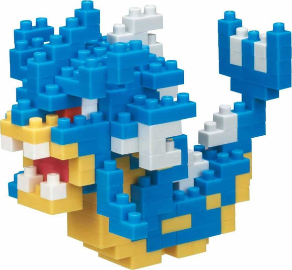A colorful Nanoblock Gyarados DIY kit showcasing a detailed blue and yellow dragon-like creature, featuring intricate block designs and a recognizable facial expression, perfect for building enthusiasts.