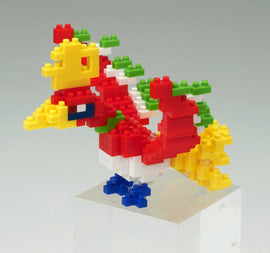 A colorful Nanoblock DIY kit featuring a detailed representation of Ho-Oh, a legendary Pokémon. The model showcases vibrant colors including red, yellow, green, white, and blue, making it a captivating decor piece.