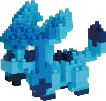 Nanoblock Glaceon DIY kit showcasing a multicolored blue and dark blue miniature sculpture of the beloved ice-type Pokémon. The model features intricate details, capturing Glaceon's signature look and charm, designed with small interlocking blocks for a fun and engaging building experience.