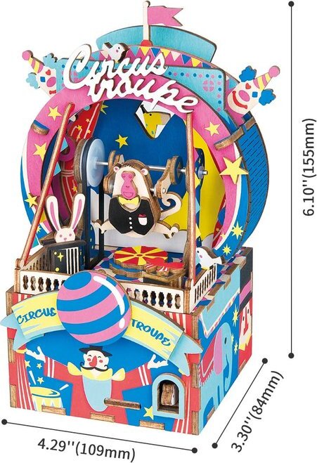 Colorful Amusement Park DIY Music Box Kit by Robotime featuring a whimsical circus theme with a performing monkey, bunnies, and a colorful design. The kit showcases intricate details and is designed to be assembled, providing a charming musical experience once completed. Dimensions include 4.29 inches in width, 3.30 inches in depth, and 6.10 inches in height.