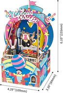 Colorful Amusement Park DIY Music Box Kit by Robotime featuring a whimsical circus theme with a performing monkey, bunnies, and a colorful design. The kit showcases intricate details and is designed to be assembled, providing a charming musical experience once completed. Dimensions include 4.29 inches in width, 3.30 inches in depth, and 6.10 inches in height.