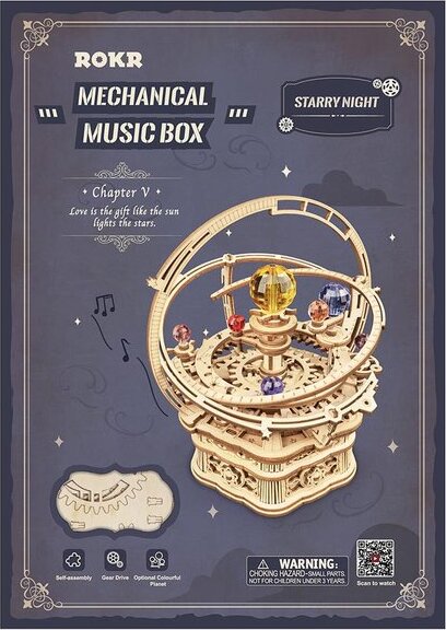 The Starry Night Music Box Build Kit by Robotime is a beautifully crafted mechanical assembly kit featuring an intricate design. It includes colorful musical notes and a rotating celestial motif, showcasing a starry night theme. Perfect for DIY enthusiasts, this kit combines art and engineering, making it a unique gift for all ages.