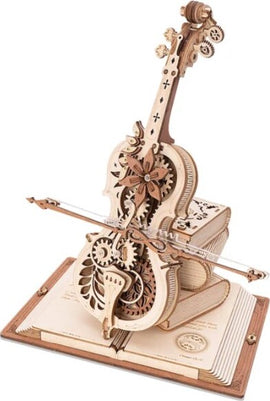 A beautifully crafted wooden Magic Cello Music Box by Robotime. The music box features intricate gear designs, resembling a cello with an elegant scroll and strings, mounted on an open book. The natural wood finish complements the detailed carvings, making it an attractive decorative piece and a DIY kit for hobbyists.