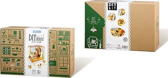 A two-box set of Lisa's Tailor DIY Model Kit by Robotime. The front box features colorful illustrations of a DIY house with a kitchen and living room setup, while the back showcases tools and materials included in the kit. The packaging is designed with vibrant graphics and informative labeling, emphasizing the DIY aspect of the model.
