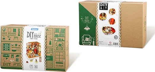 Sam's Study Model Kit by Robotime, featuring a DIY miniature house kit. The packaging showcases detailed illustrations of the rooms and furniture included, emphasizing the creative and hands-on experience of building your own miniature home.