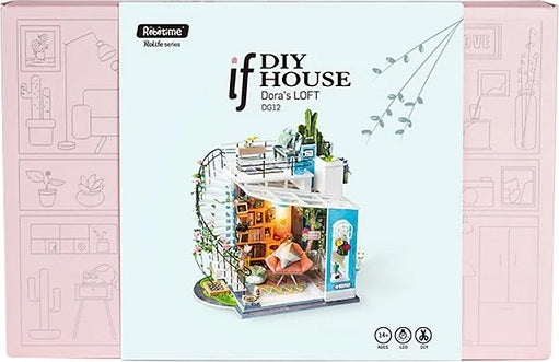 Dora's Loft DIY Model Kit by Robotime featuring a beautifully designed miniature house with intricate details, including a spiral staircase, cozy living space, and decorative elements. The kit is packaged in a colorful box with images of the model and floral accents.