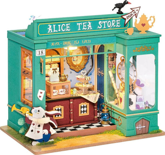 Alice's Tea Store DIY kit by Robotime featuring a whimsical tea shop with intricate details like a rabbit figure, a decorated counter with tea sets, and a beautifully crafted exterior. The colorful design is inspired by the magical world of Alice in Wonderland, perfect for crafting enthusiasts.