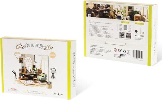 SOHO Time DIY Miniature House Model Kit by Robotime, featuring a beautifully designed miniature room with intricate details and accessories. The kit is ideal for DIY enthusiasts who enjoy crafting and building their own miniature spaces. The box shows illustrations of the completed model with a cozy and stylish aesthetic, perfect for display or gifting.
