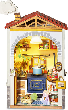 The Flavor Kitchen Model Kit by Robotime is a detailed DIY miniature kitchen scene featuring a charming stove, shelves filled with various food items, and decorative elements such as a kettle and potted plants. The kit includes intricate components for a lifelike finish, designed to provide an engaging building experience.