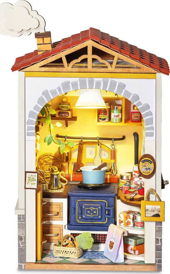The Flavor Kitchen Model Kit by Robotime is a detailed DIY miniature kitchen scene featuring a charming stove, shelves filled with various food items, and decorative elements such as a kettle and potted plants. The kit includes intricate components for a lifelike finish, designed to provide an engaging building experience.