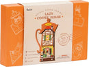 The Lazy Coffee House DIY kit by Robotime, featuring a charming coffee shop design within a decorative package. The box highlights its features including stable assembly, wall hanging capabilities, and a touch light. Ideal for creativity enthusiasts and collectors.