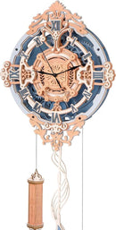 A beautifully crafted Romantic Notes Wall Clock by Robotime, featuring intricate wooden designs with Roman numerals. The clock combines elegant details and a mechanical design, showcasing gears and a pendulum that enhances its vintage charm.