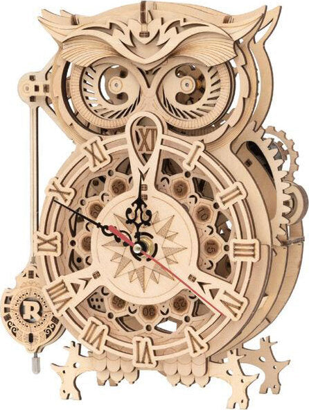 A beautifully crafted wooden Owl Clock 3D build kit by Robotime, featuring intricate gears and design. The clock is shaped like an owl, with a prominent clock face showing roman numerals and decorated with ornate details, making it a charming DIY project for hobbyists.